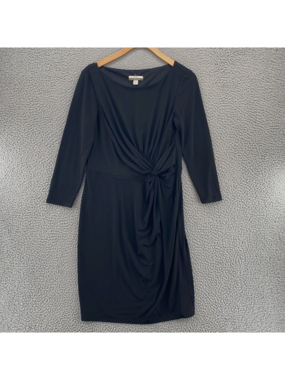 Boston Proper Muse Dress Womens 8 Black Bodycon 3/4 Sleeve Travel Knit Knot Mini